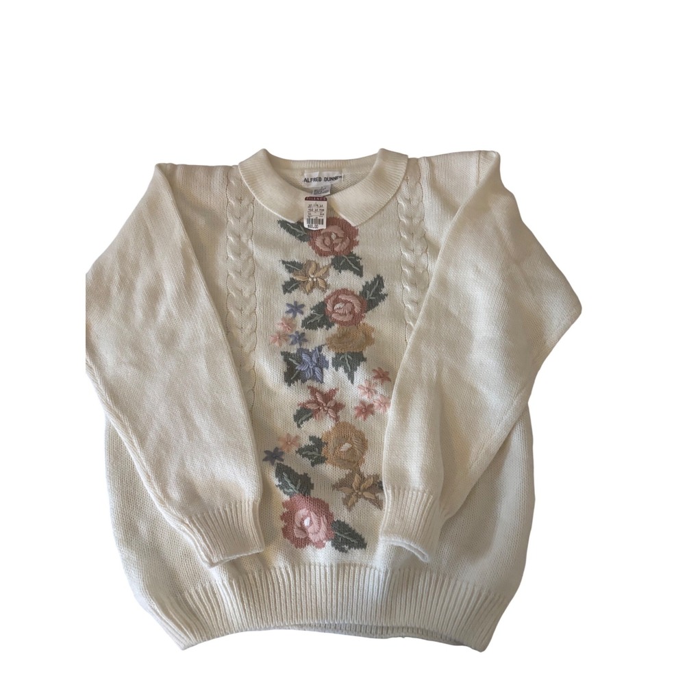 Alfred Dunner Womens Cream Floral Embroidered Cable Knit Sweater Polo Collar‎ L